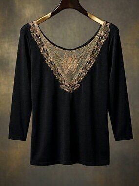 Soft Surroundings Beaded Mesh Neckline 3/4 Sleeve